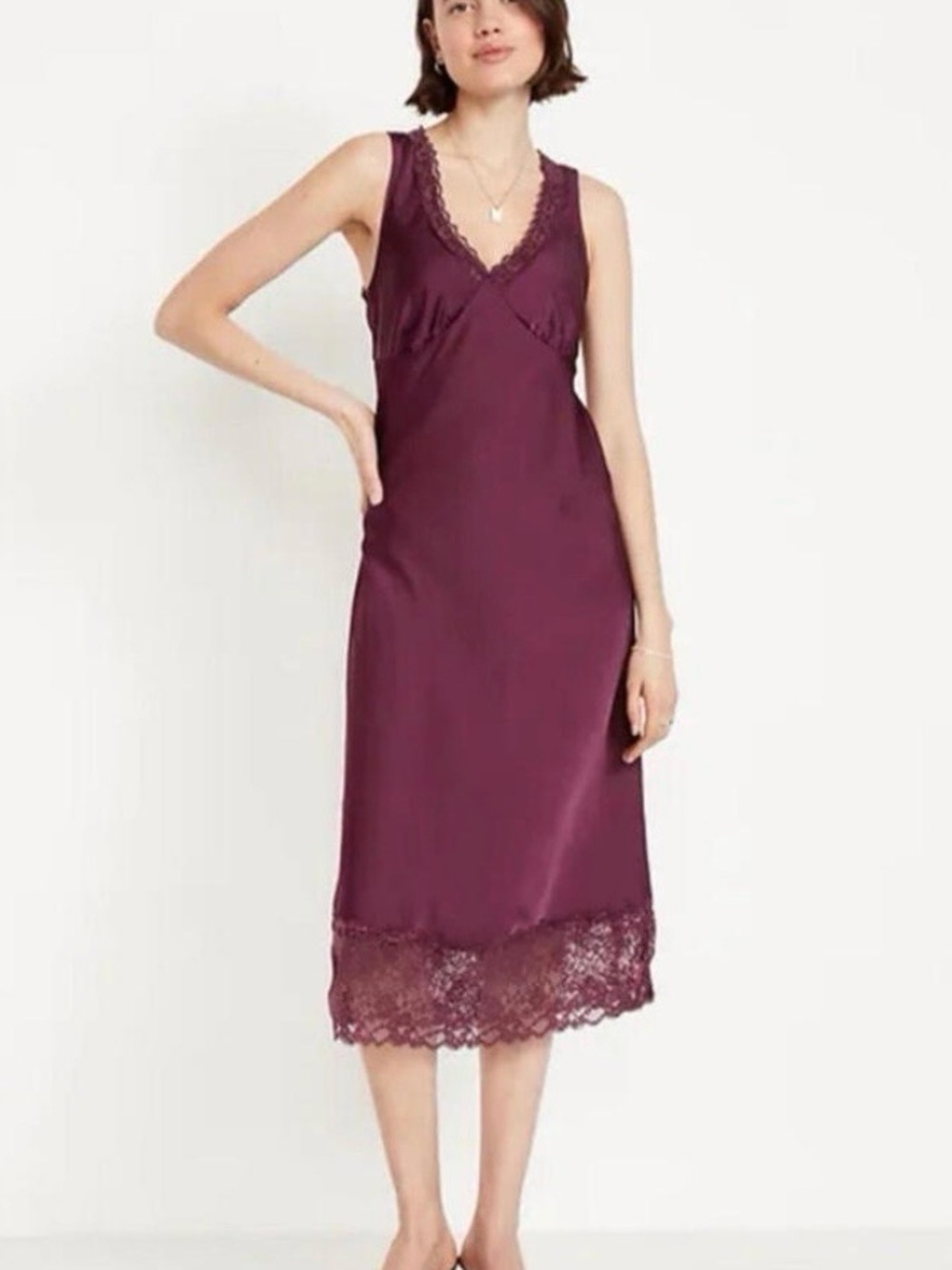 Old Navy Lace-Trim Satin Midi Dress in Plum